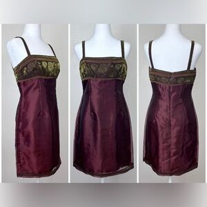 Vintage 1990s Laundry Burgundy Dress w/ Gold Metallic Rose  Detail 6 Made in USA